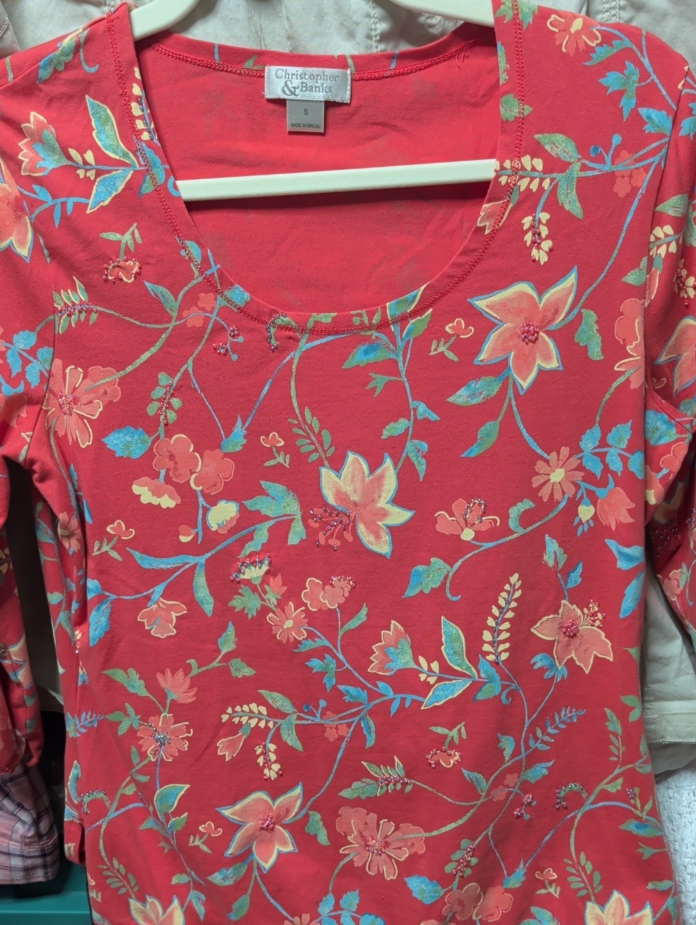 Christopher & Banks Coral Floral Scoopneck Long Sleeve Top